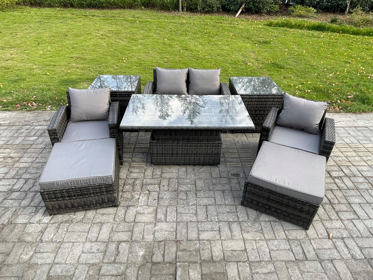 GARTENMÖBEL SET mit höhenverstellbarer Tisch Polyrattan Dunkelgrau 6-Sitzer - Dunkelgrau, Metall - Fimous