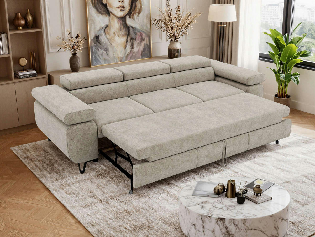 TŘÍMÍSTNÁ POHOVKA PETER 3 s rozkládací funkcí - Šedobéžová Štruktúrovaná látka - černá/šedobéžová, kov/textil (262/76/99cm) - MKS