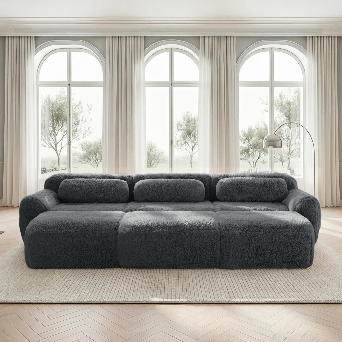 SOFA modular mit 3 Ottomanen Plüsch Grau - Grau, Kunststoff (179/73/291.1cm) - Meubliv
