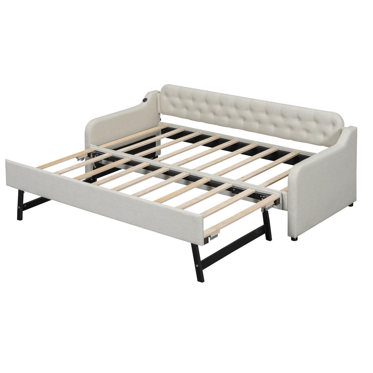 POLSTERBETT aus Leinen 90x200 cm Beige mit Ausziehbett, USB-Anschluss und schlichtem Design - Beige, Textil (90/200cm) - Modfu