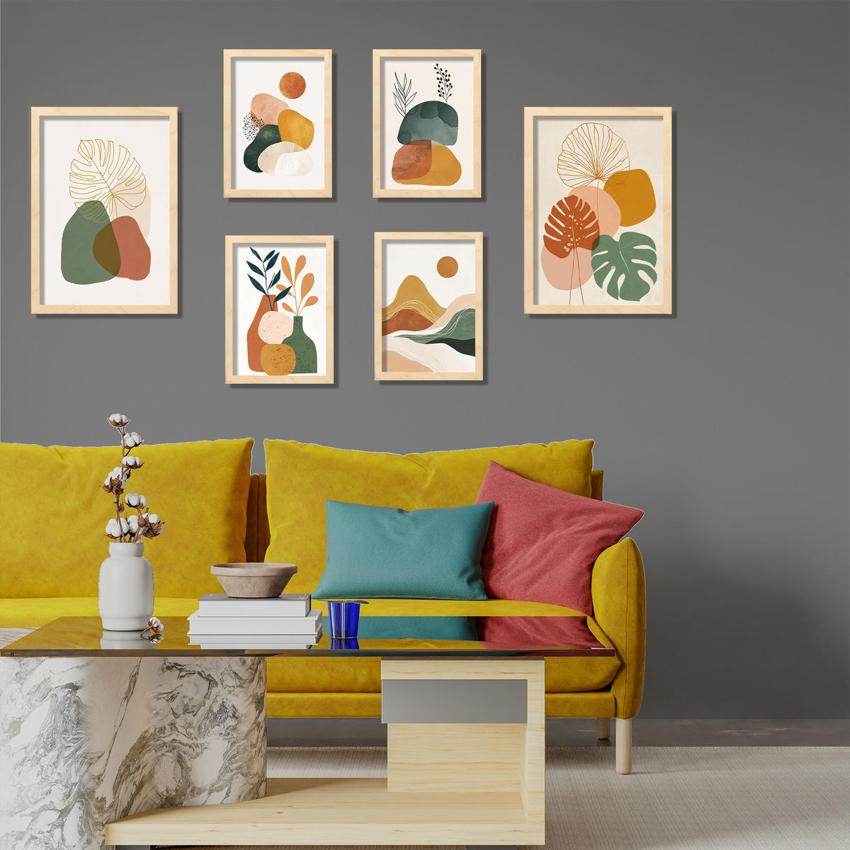 PLAKAT 6 dekorativních nástěnných desek. Plakaty s abstrakty. Moderní dekorace obývacího pokoje Obrázky Velikosti A3 & A4 Světlý dřevěný rám - béžová, papír (29.7/42/3cm) - Nacnic