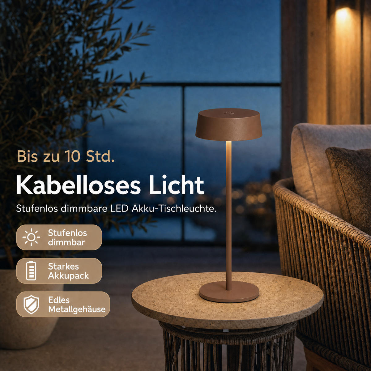 LED-TISCHLEUCHTE - dimmbar, kabellos, IP54, Metallgehäuse, für Innen- und Außenbereich, braun, höhenverstellbar - Braun, Metall (13.5/13.5/36cm) - Northpoint
