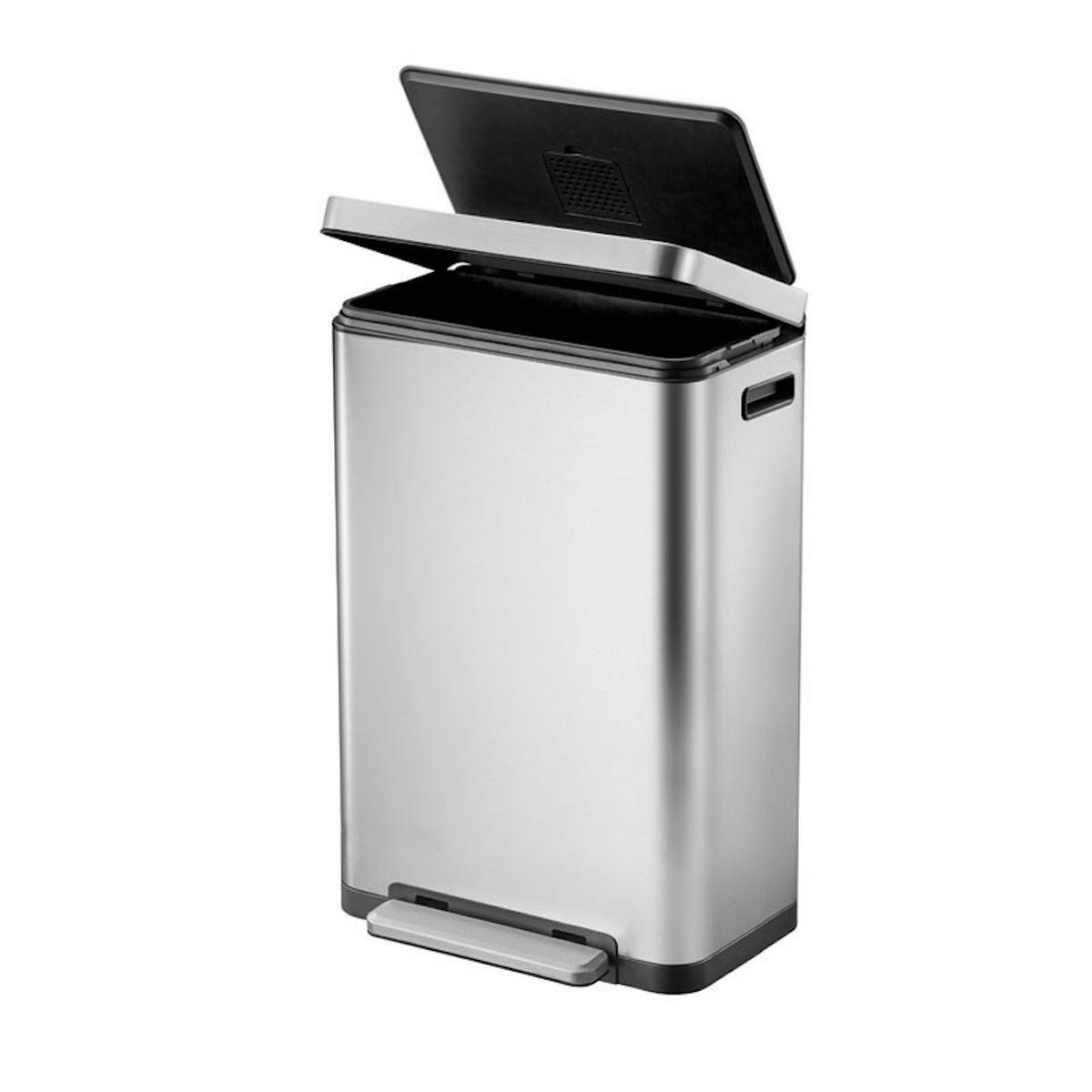MÜLLEIMER Stilvoller Rechteckiger Mit Extra Breitem Pedal & Gedämpften Stay Open Deckel 63,7 x 36,2 x 29,7 cm 30 Liter Silber - Silberfarben, Metall (36.2/63.7/29.7cm) - PROREGAL