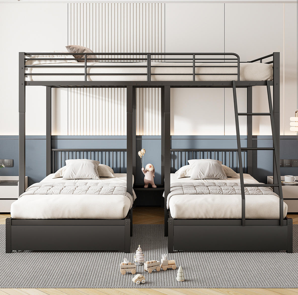 POSCHODOVÁ posteľ 140/200 a 2x 90/200 cm čierna rozložiteľná s úložnými zásuvkami z kovu - čierna, kov (140/200cm) - OKWISH