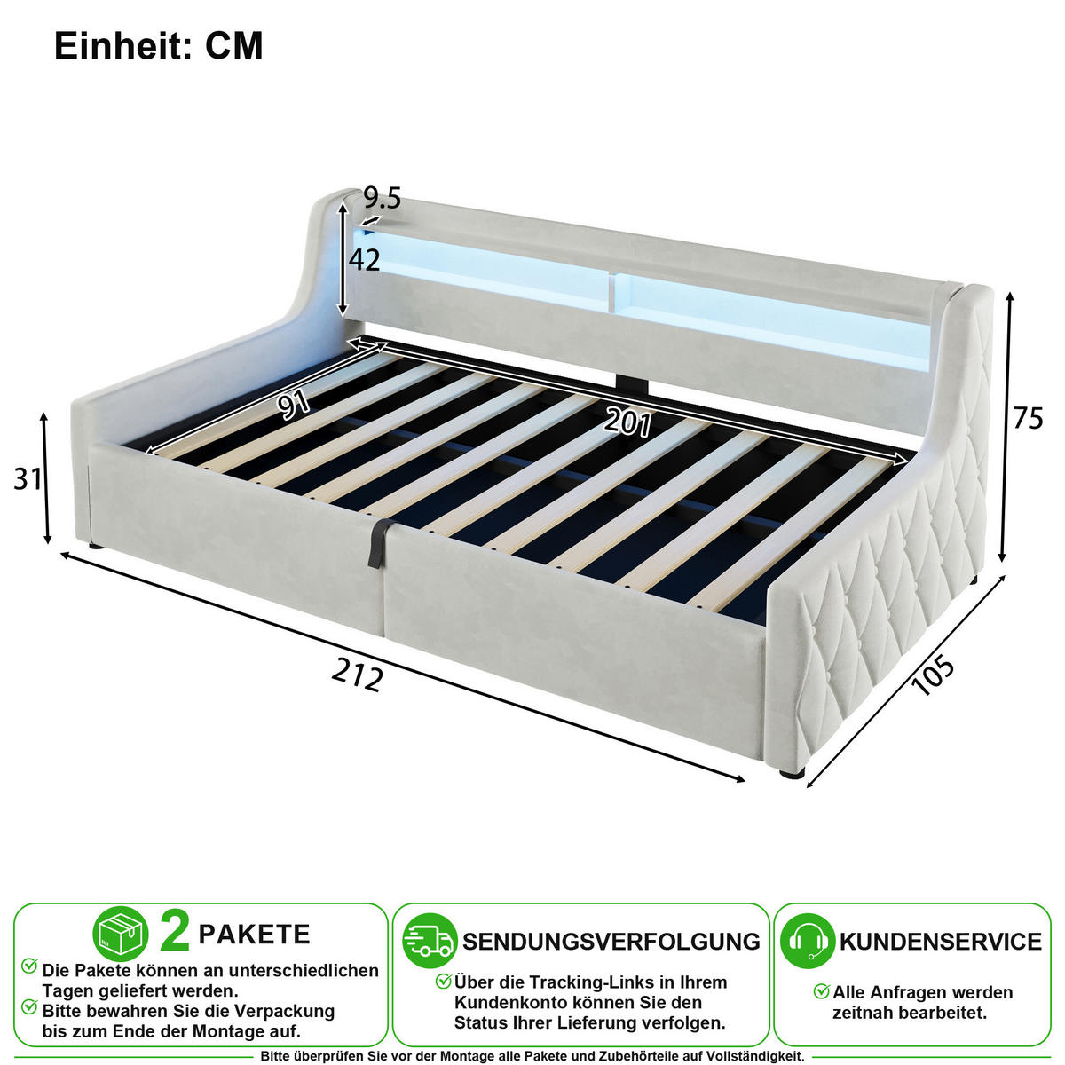 POLSTERBETT 90/200 cm in Off White mit Bettkasten und LED, Samt - Weiß, Holzwerkstoff/Textil (90/200cm) - CHICFURN