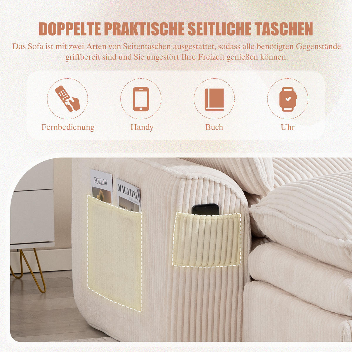 3-SITZER ECKSOFA Cord Beige mit Kissen und Hocker - Beige, Textil (263/167cm) - WISHDOR