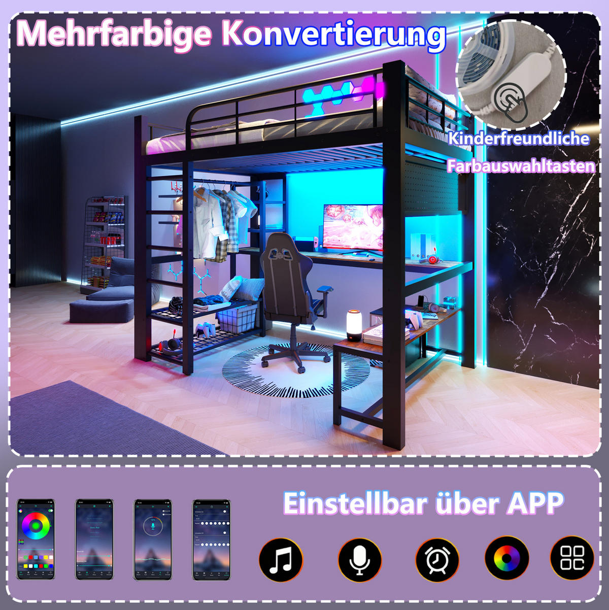 HOCHBETT 140/200 cm aus Metall mit LED-Beleuchtung, Schreibtisch und Stauraum - Schwarz, Metall (140/200cm) - Flora Grace
