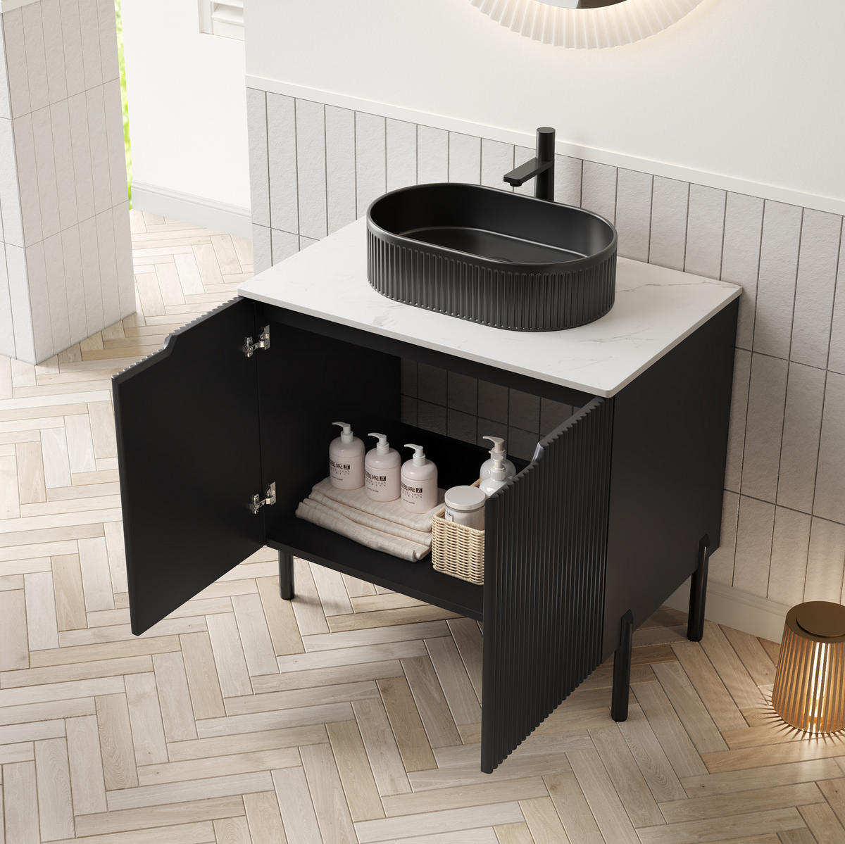 WASCHTISCHKOMBI mit Aufsatzbecken in Schwarz – Soft-Close und gesinterte Steinplatte - Schwarz, Holzwerkstoff (76/88/48cm) - BEAOK