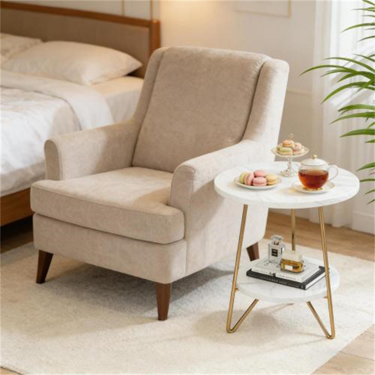 COUCHTISCH rund mit 2 Ebenen, Marmoroptik Weiß-Gold, Maße 48x48x55 cm - Weiß, Holzwerkstoff (48/48/55cm) - Blomus