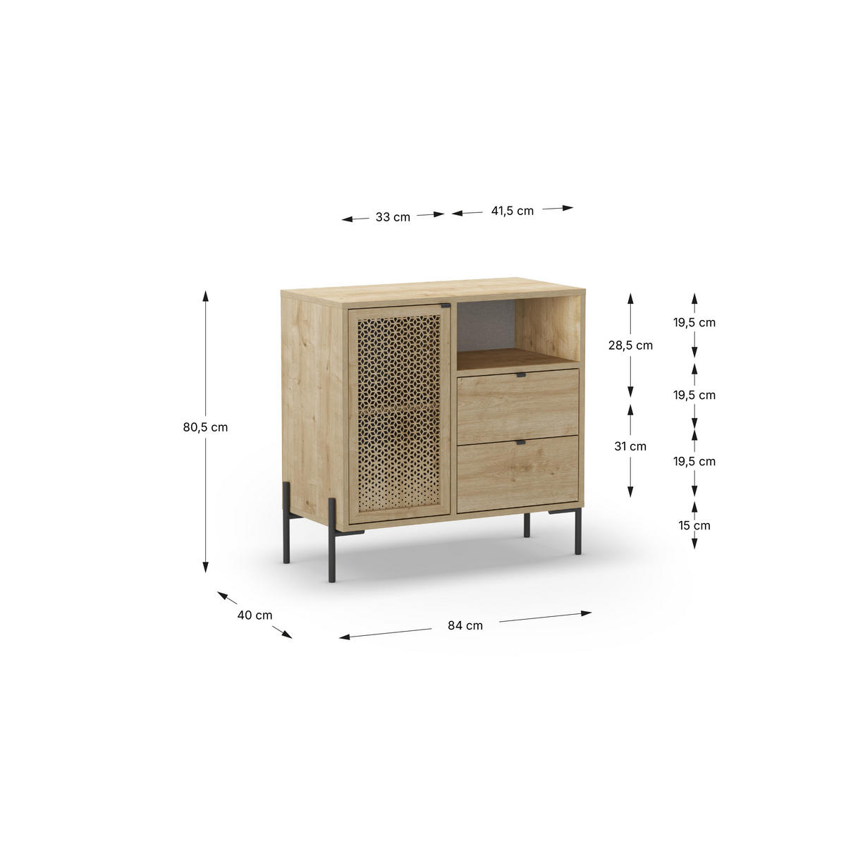 KLEINES Sideboard 1 Tür, 1 Fach und 2 Schubladen B80 cm - Inca - Braun, Holz (40/80.5/84cm) - Calicosy