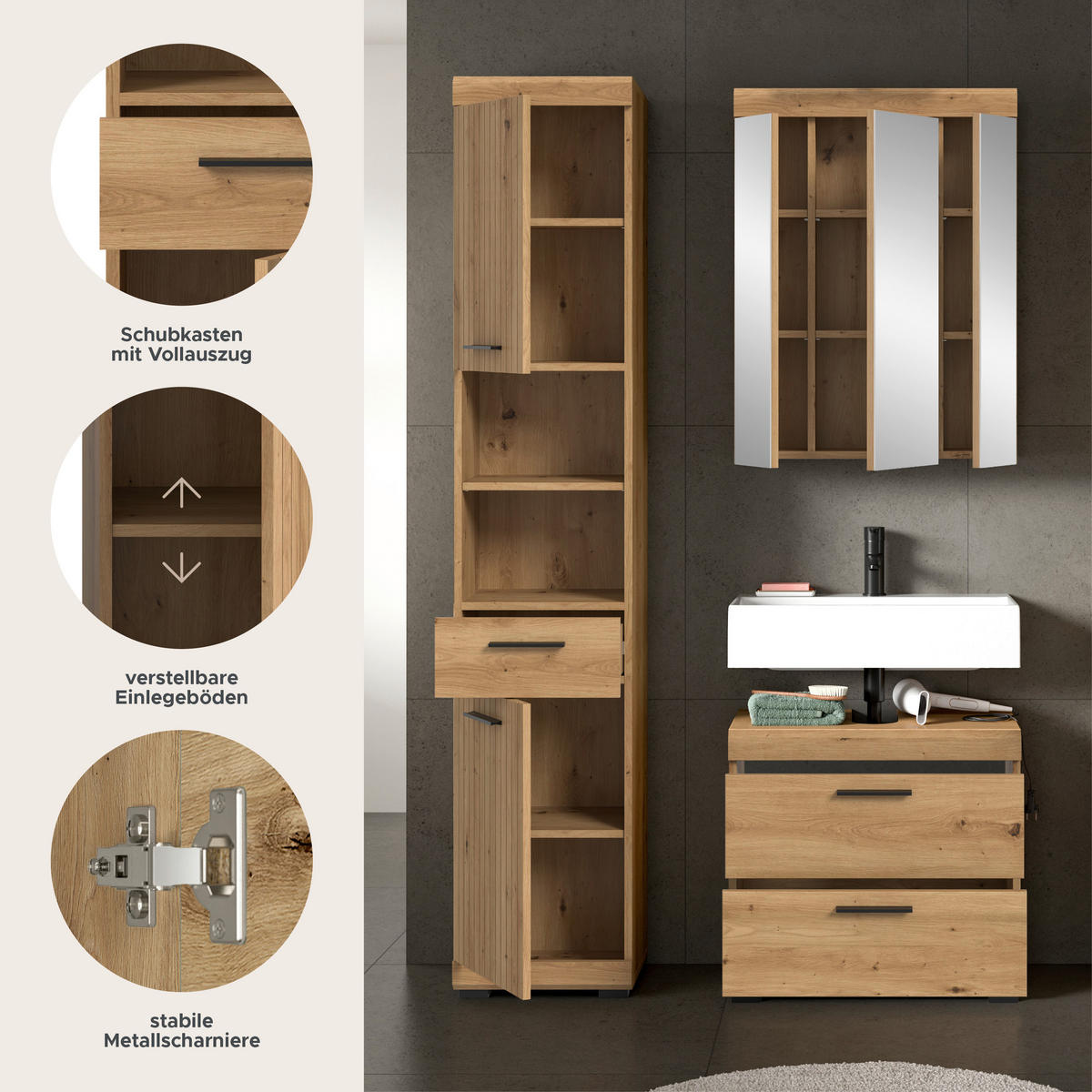 BADEZIMMER Vento 3-tlg. (B/H/T: ca. 112/191/34 cm) in Artisan Eiche /Artisan Eiche - Eiche Artisan, Holz (112/191/34cm)