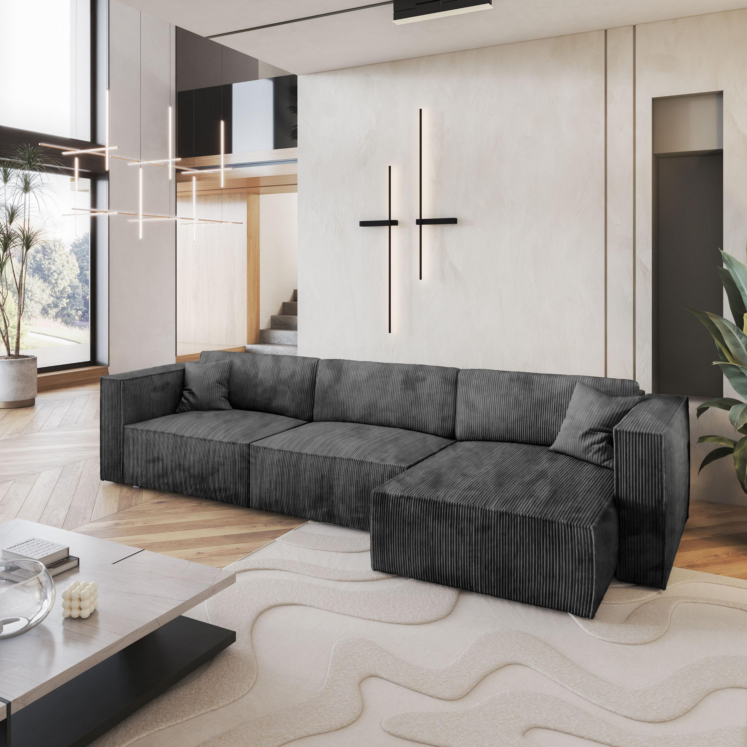 ECKSOFA TOLMO P Graphitfarben Kordstoff mit Schlaffunktion - Graphitfarben, Holz (347/148cm) - MASSENO