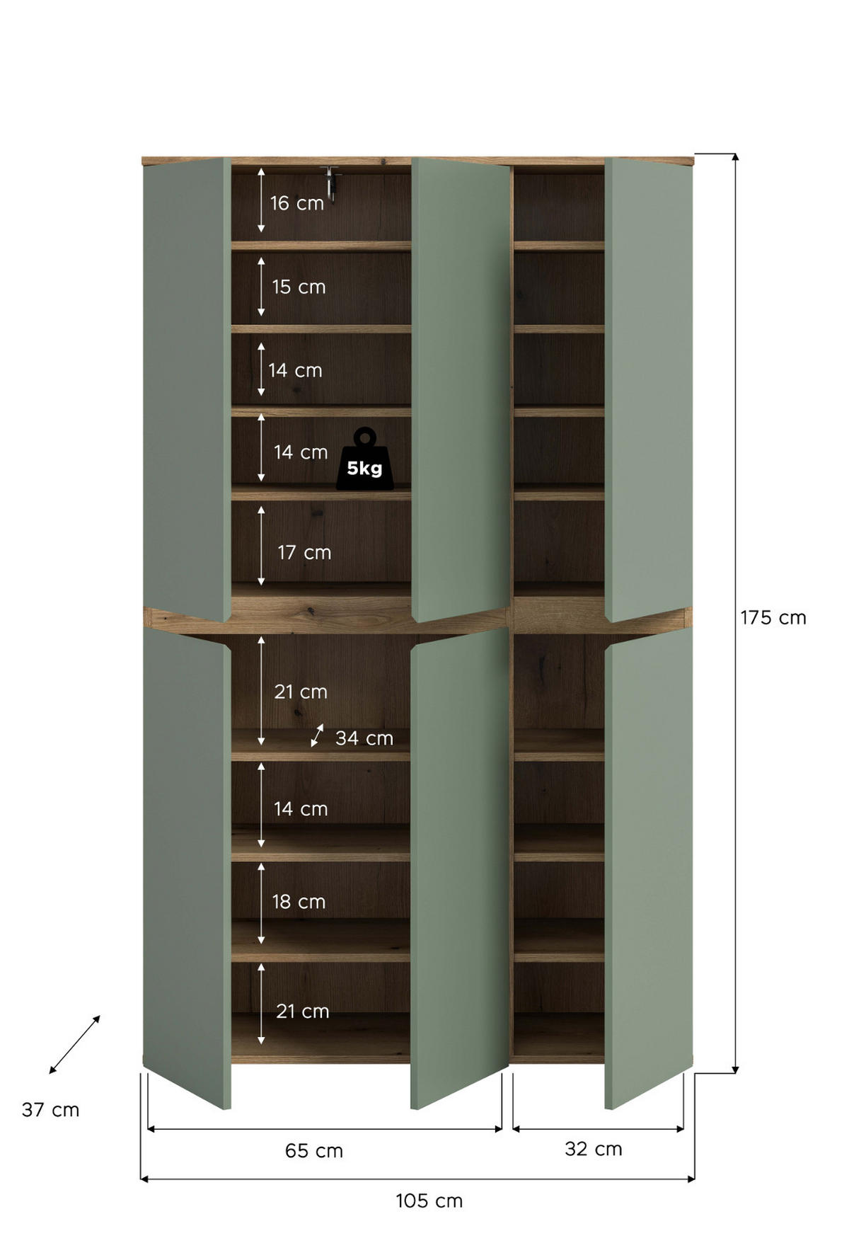 MEHRZWECKSCHRANK grün, Evoke Eiche 105 x 175 cm, Stauraumschrank 6-türig mit 18 Fächern - Eichefarben/Schwarz, Holzwerkstoff/Kunststoff (105/175/37cm) - Inn.Furn