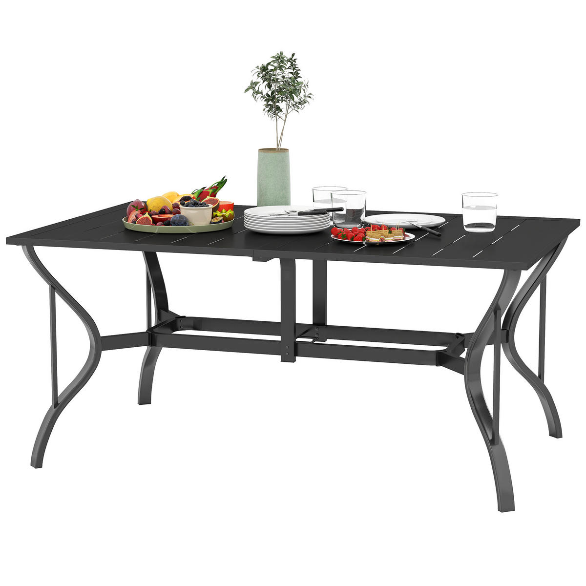GARTENTISCH DE-07368 mit Schirmloch und Lamellen-Design für 6 Personen Schwarz - Schwarz, Metall (150/90/73cm) - ComfortXL