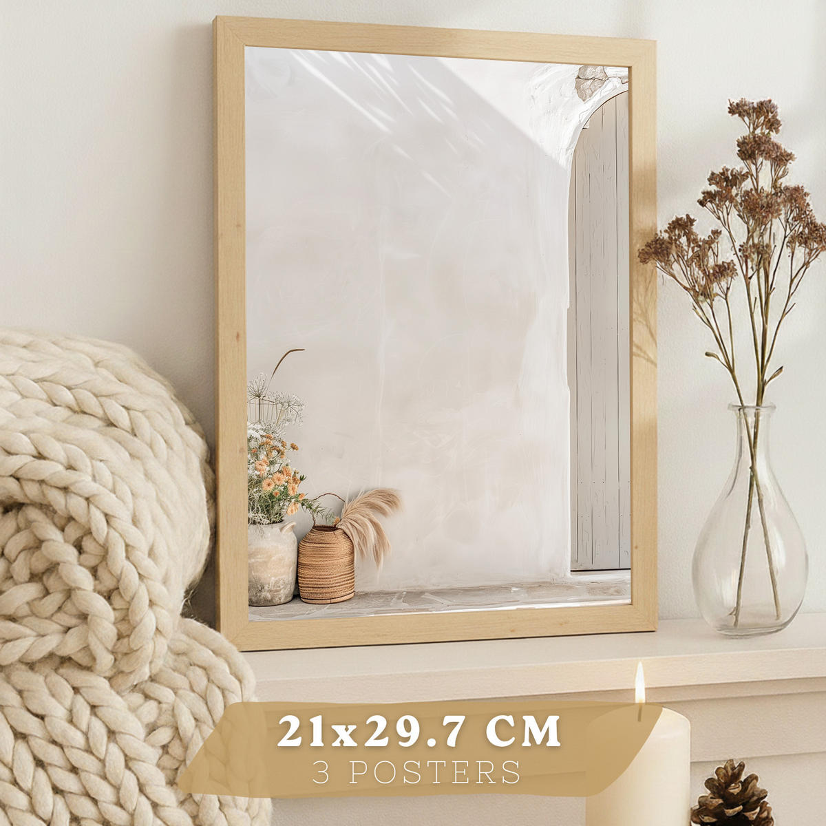 PLAKAT Sada tří dekorativních plážových tisků, moře. nástěnný plakát. Koupelnové malby, domov.Rám z lehkého dřeva velikosti A4 - béžová, papír (29.7/42/3cm)