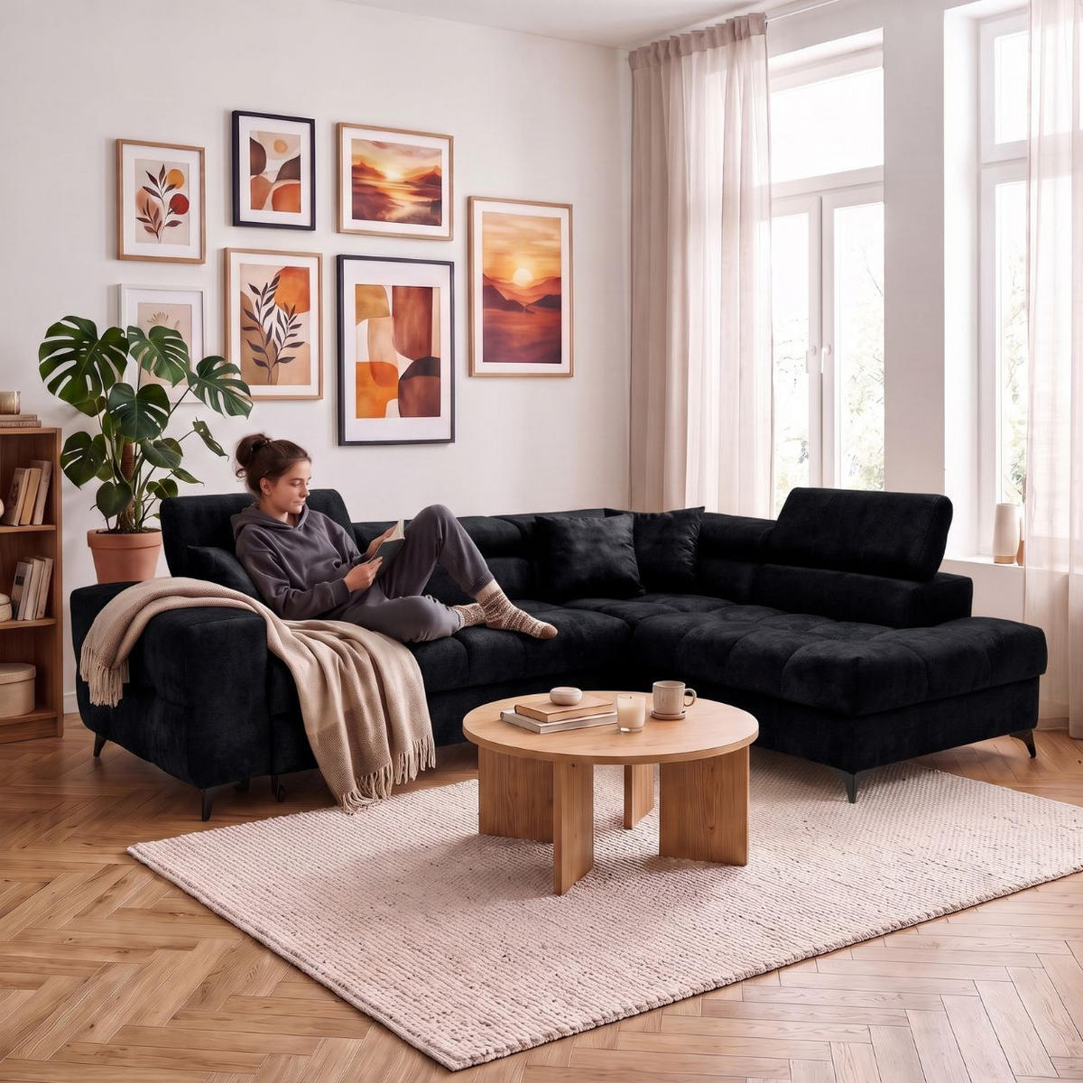 ECKSOFA PUDDING L Rechts mit Schlaffunktion 128x197 Velours Schwarz - Schwarz, Holz/Textil (204/270cm) - Muffo