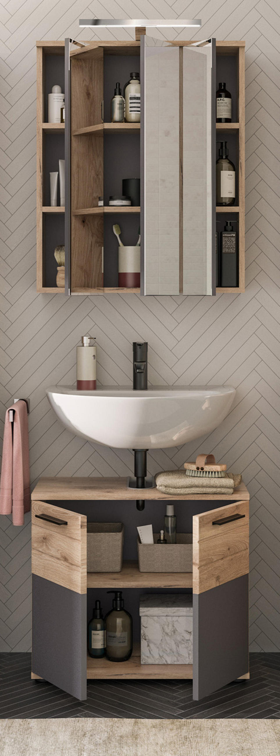BADMÖBEL-SET Eiche, grau 2-teilig 60x190 cm mit Soft-Close, Badezimmereinrichtung - Eichefarben/Grau, Glas/Holzwerkstoff (60/190/34cm) - Inn.Furn