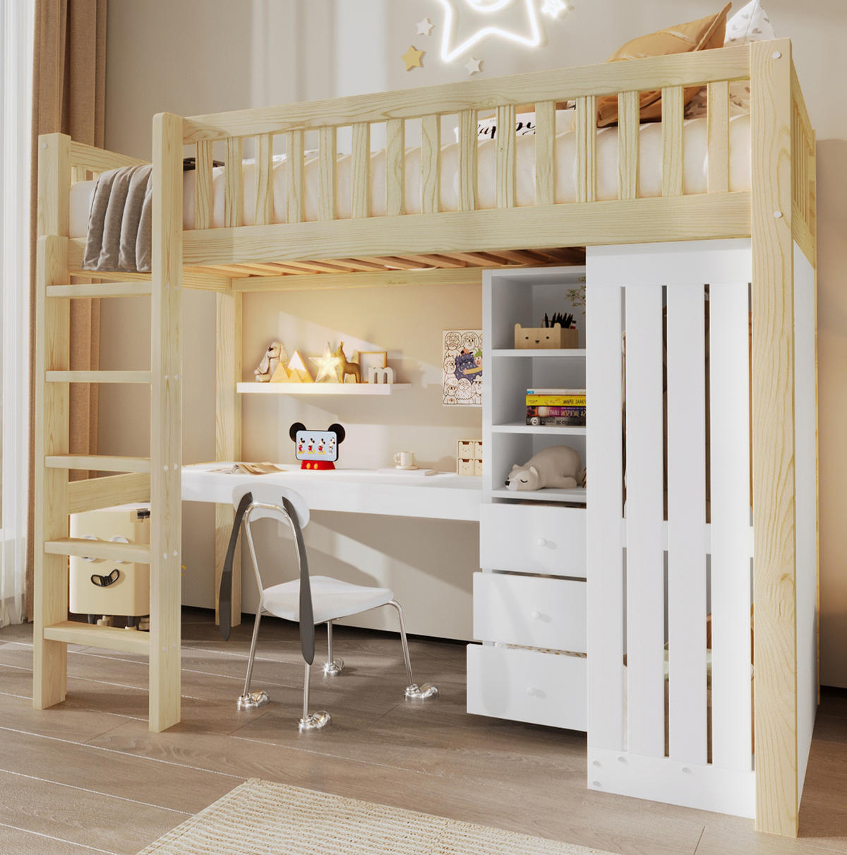 VISOKA postelja 90/200 cm naravna z mizo, garderobno omaro in predali iz bora in MDF - naravne barve, les (90/200cm) - OKWISH