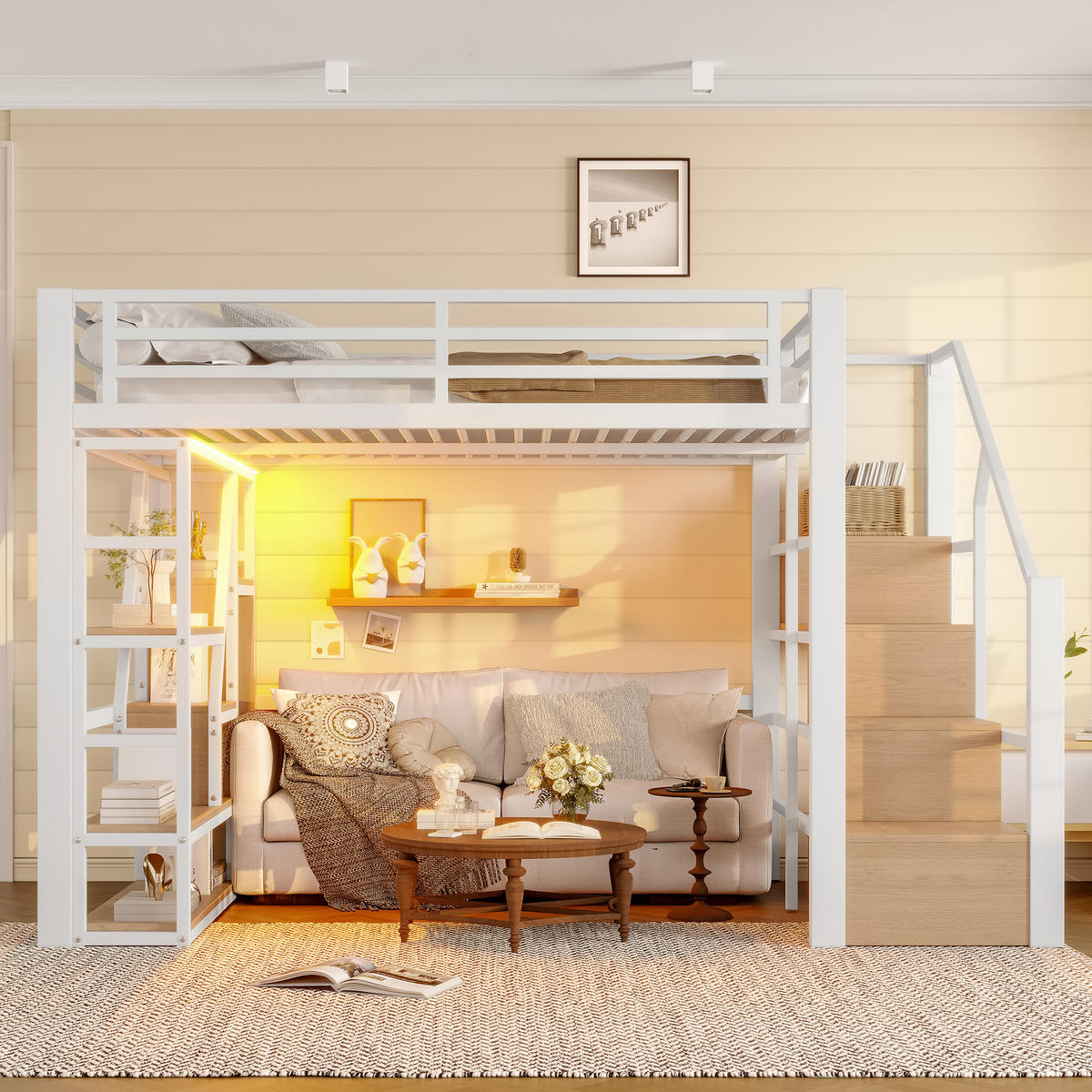 HOCHBETT aus Metall und MDF 140x200 cm in Weiß mit LED & Stauraum - Weiß, Metall (140/200cm) - Modfu