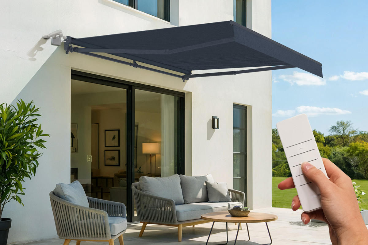 HALBKASSETTENMARKISE Fazzio Graue 3m x 2,5m motorisierte - Premium-Leinwand 320g/m² - Grau, Metall (300/270/250cm) - Cazeboo