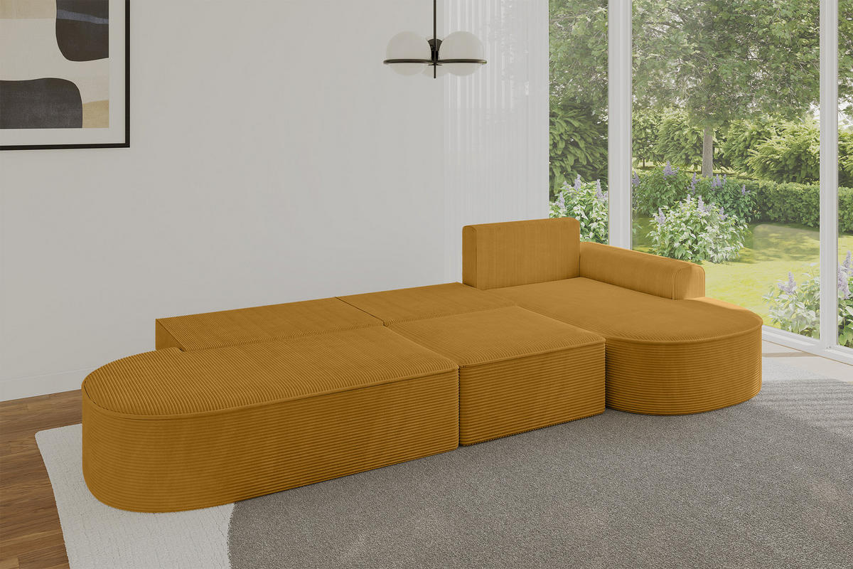 ECKSOFA mit Schlaffunktion Ottomane RECHTS MARI L2-S 368X167X85 Senfgelb Cord - Goldfarben/Schwarz, Holzwerkstoff/Kunststoff (167/368cm) - ALTDECOR