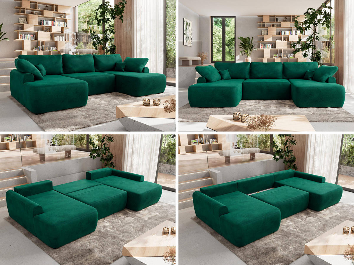 WOHNLANDSCHAFT CUBO U Dunkelgrün Velvet - Dunkelgrün/Schwarz, Kunststoff/Textil (370/100/187cm) - MKS
