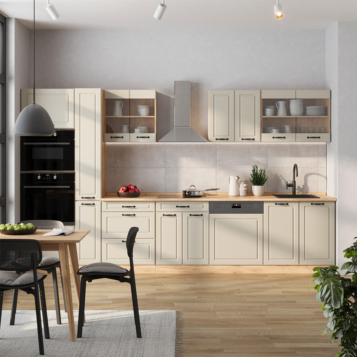 KÜCHENZEILE R-Line, Sand Landhaus/Goldkraft Eiche, 350 cm Arbeitsplatte Anthrazit - Honigeiche/Beige, Holzwerkstoff (350/206.8/60cm) - Vicco