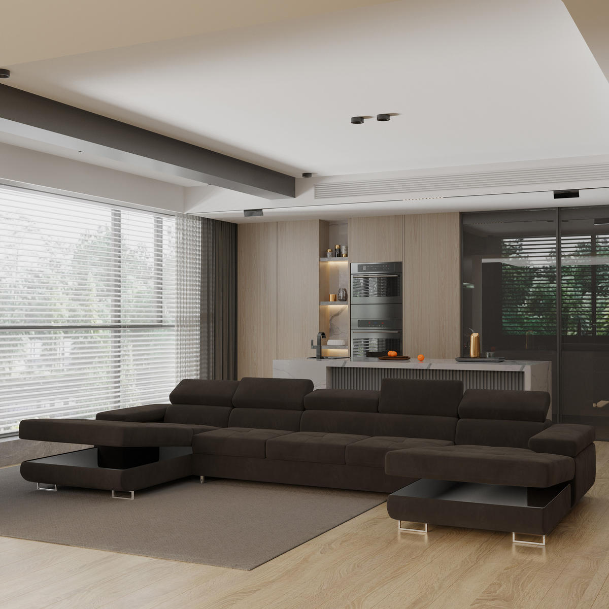 WOHNLANDSCHAFT OMBRA Braun Velours-Stoff mit Schlaffunktion - Braun, Holz (425/90/202cm) - MASSENO