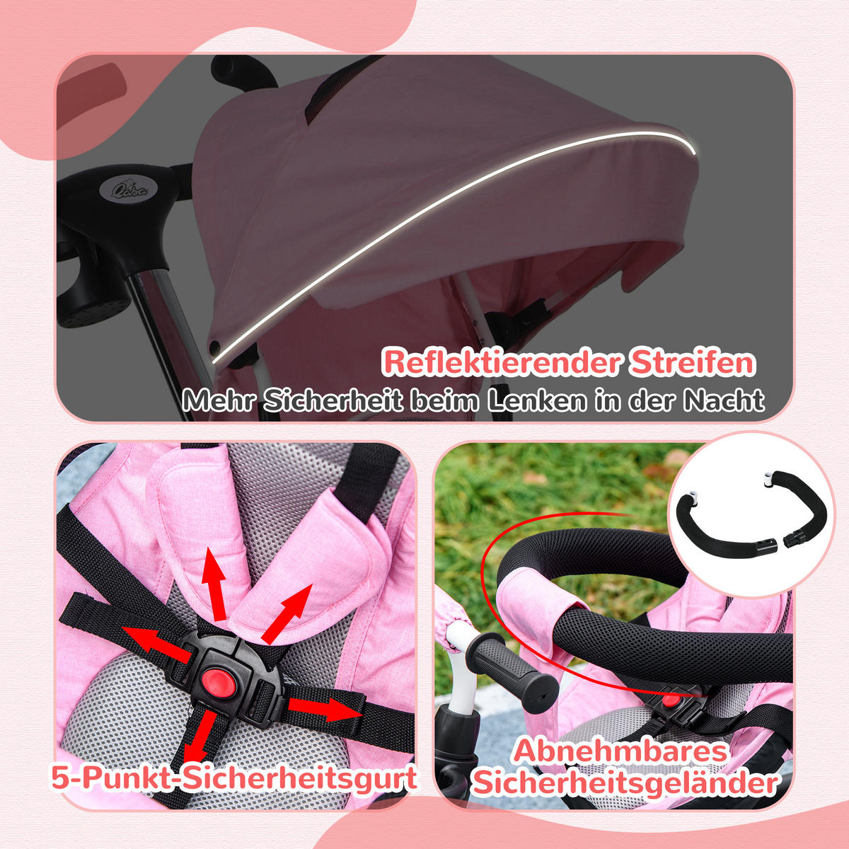 6 in 1 Dreirad mit Schubstange, Kinderdreirad mit Sicherheitsgurt, Sonnendach - Rosa, Metall (112/50/104cm) - HOMCOM