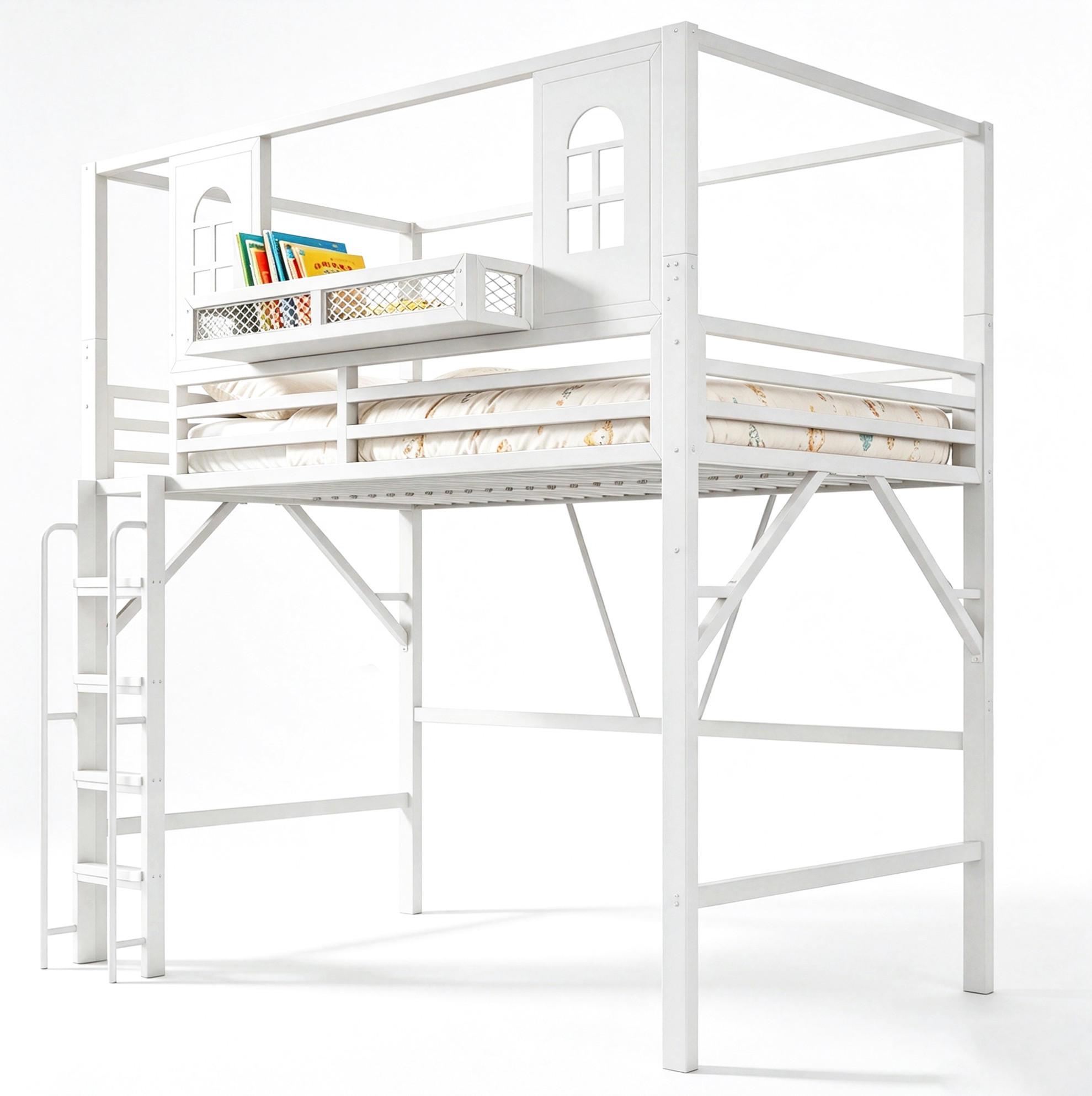 HOCHBETT aus Metall und MDF 90x200 cm Weiß mit Dachdesign, Leiter mit Handlauf und Ablagefach - Weiß, Metall (90/200cm) - Modfu