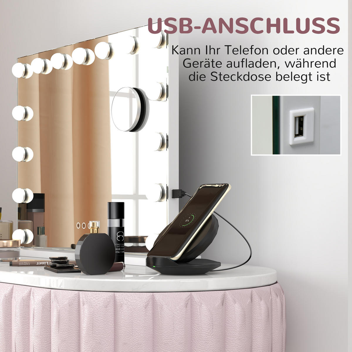 HOLLYWOOD Spiegel mit Beleuchtung, Schminkspiegel mit 15 LED Licht - Weiß, Glas (14/48/58cm) - HOMCOM