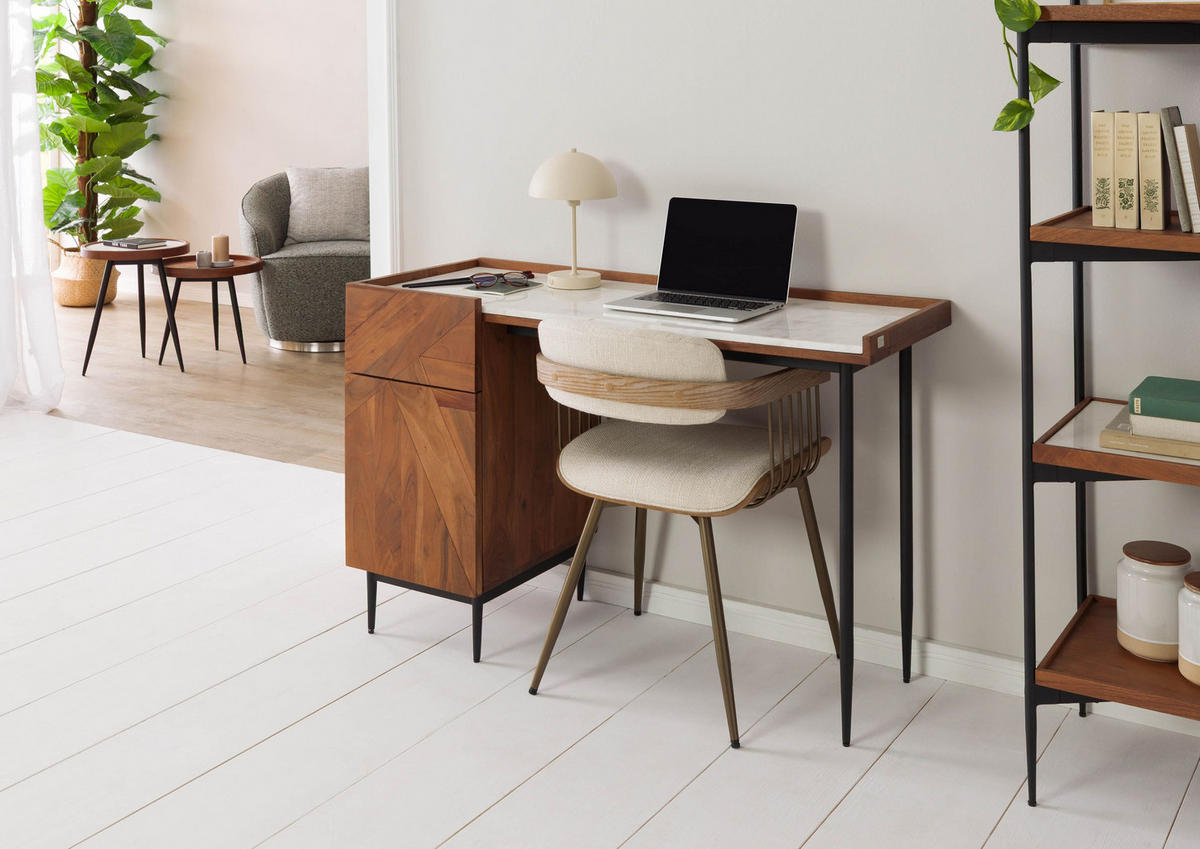 SCHREIBTISCH Akazie 120x47x77 natur lackiert / Marmor weiß KARLSTAD #18 - Braun, Holz (47/120/77cm) - Massivmoebel24