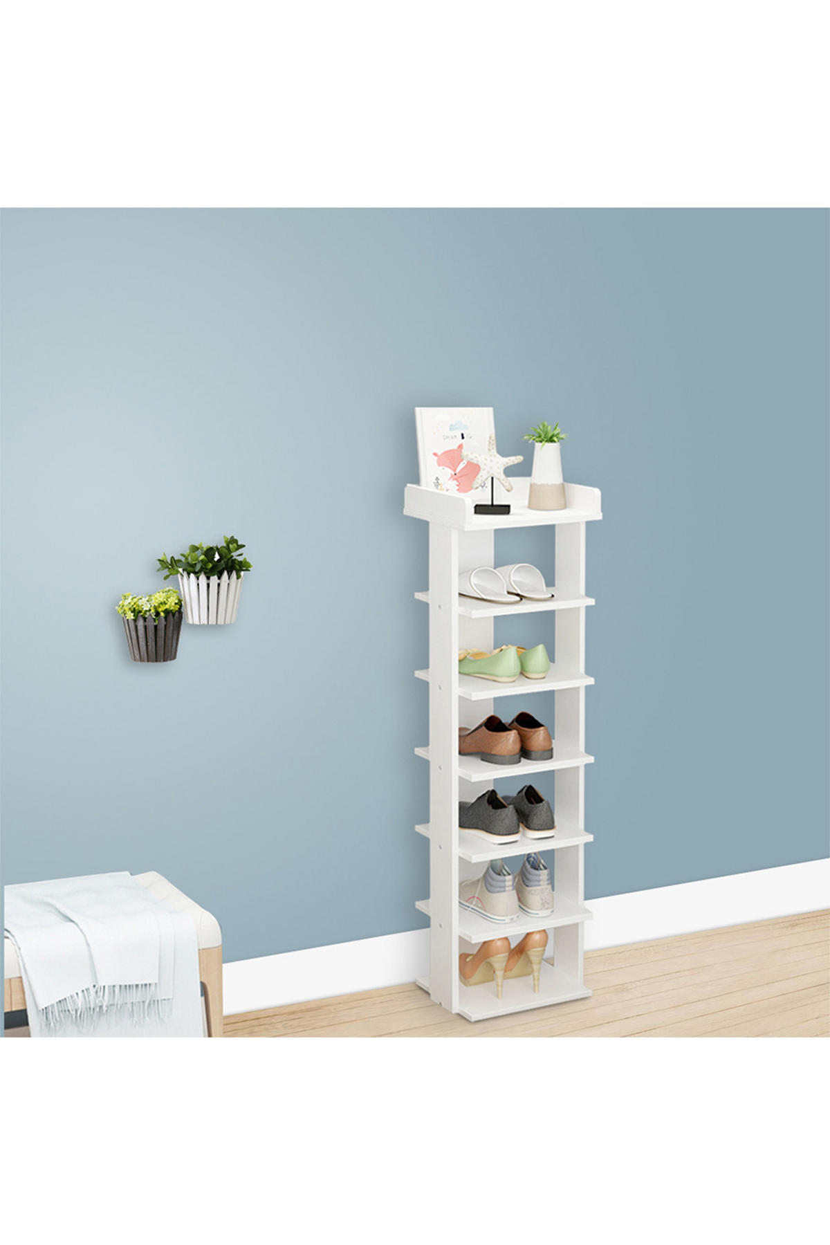 SCHUHREGAL 7-Stufige aus MDF in Weiß Stabile Konstruktion Offene Ablage Platzsparendes Design 25 x 27 x 104 cm - Weiß, Kunststoff (25/104/27cm) - Livingandhome