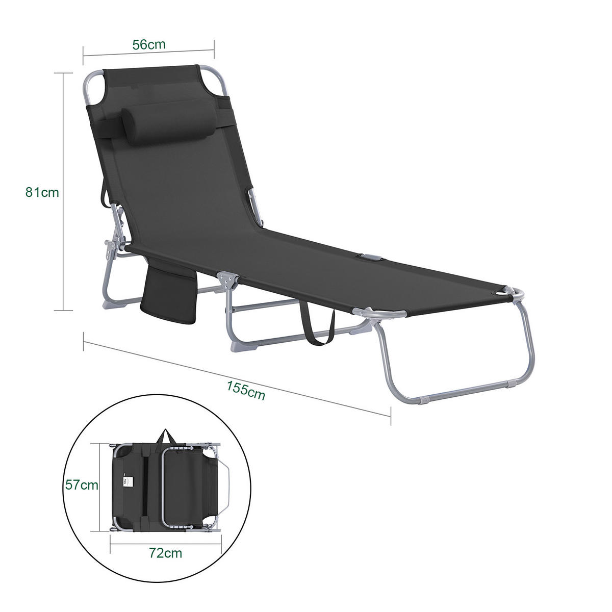 SONNENLIEGE Schwarz - Schwarz, Textil/Metall (195/58/63cm) - SoBuy