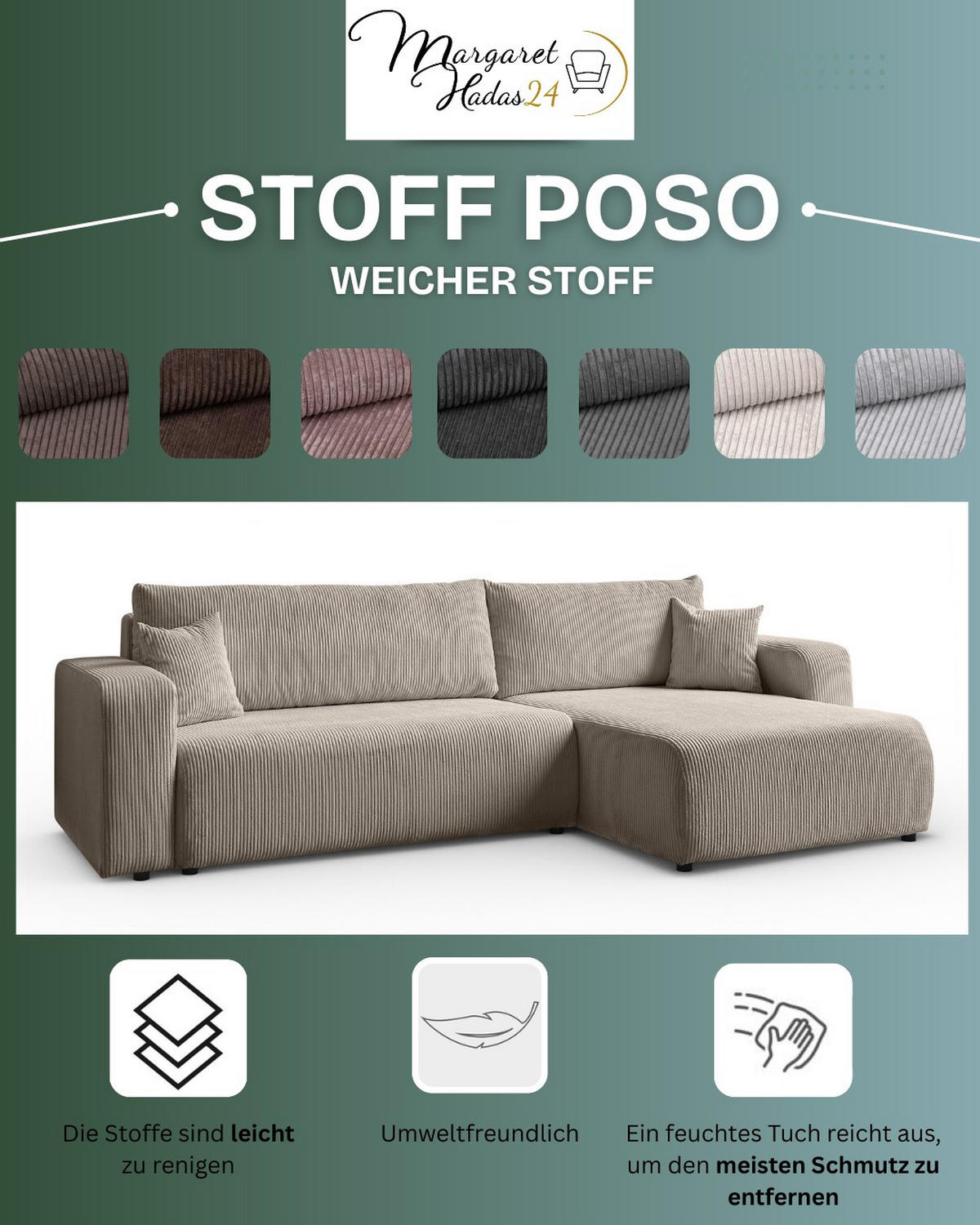 ECKSOFA Sofia in L-Form 277 x 143 cm Schlaffunktion Bettkasten Couch Cord universale Seite, hellbraun - Hellbraun, Kunststoff (143/83/277cm) - Margaret Hadas24