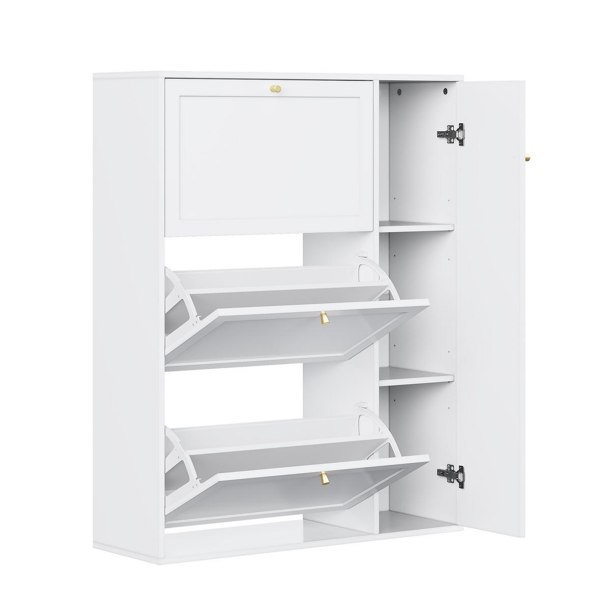 SCHUHSCHRANK aus MDF & Spanplatte 90x25x114cm in Weiß mit 3 Klappen & 1 Tür - Weiß, Holzwerkstoff (90/114/25cm) - Modfu