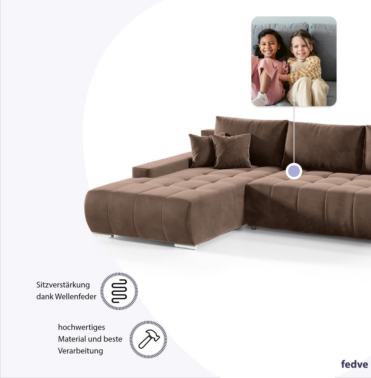 ECKSOFA mit Schlaffunktion Dhaka L, Braun - Dunkelbraun, Textil (185/265cm) - Fedve