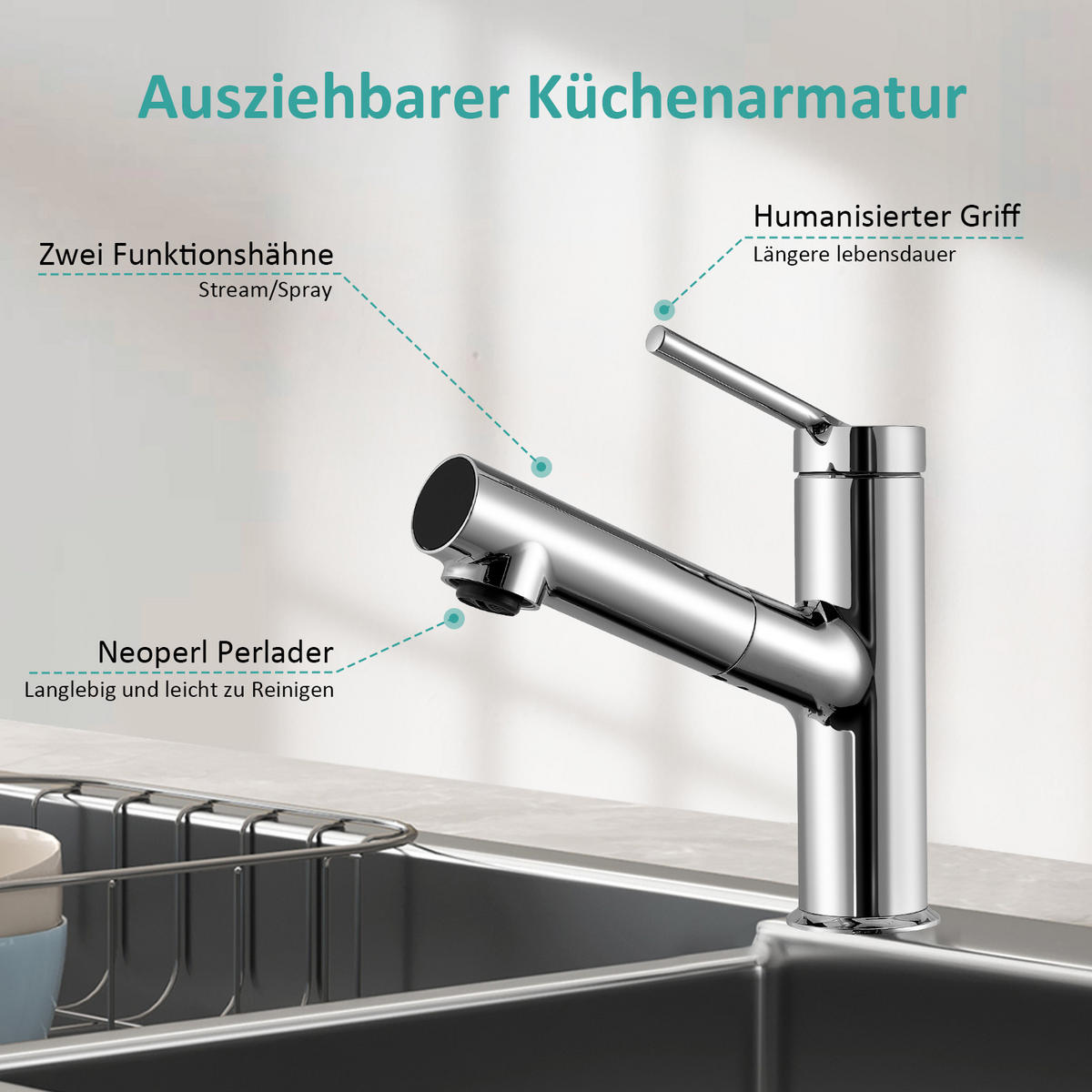 KÜCHENARMATUR mit ausziehbarer Spülbrause, Temperaturanzeige, chrom - Chromfarben, Metall (19.1/5.1/19.1cm) - EMKE