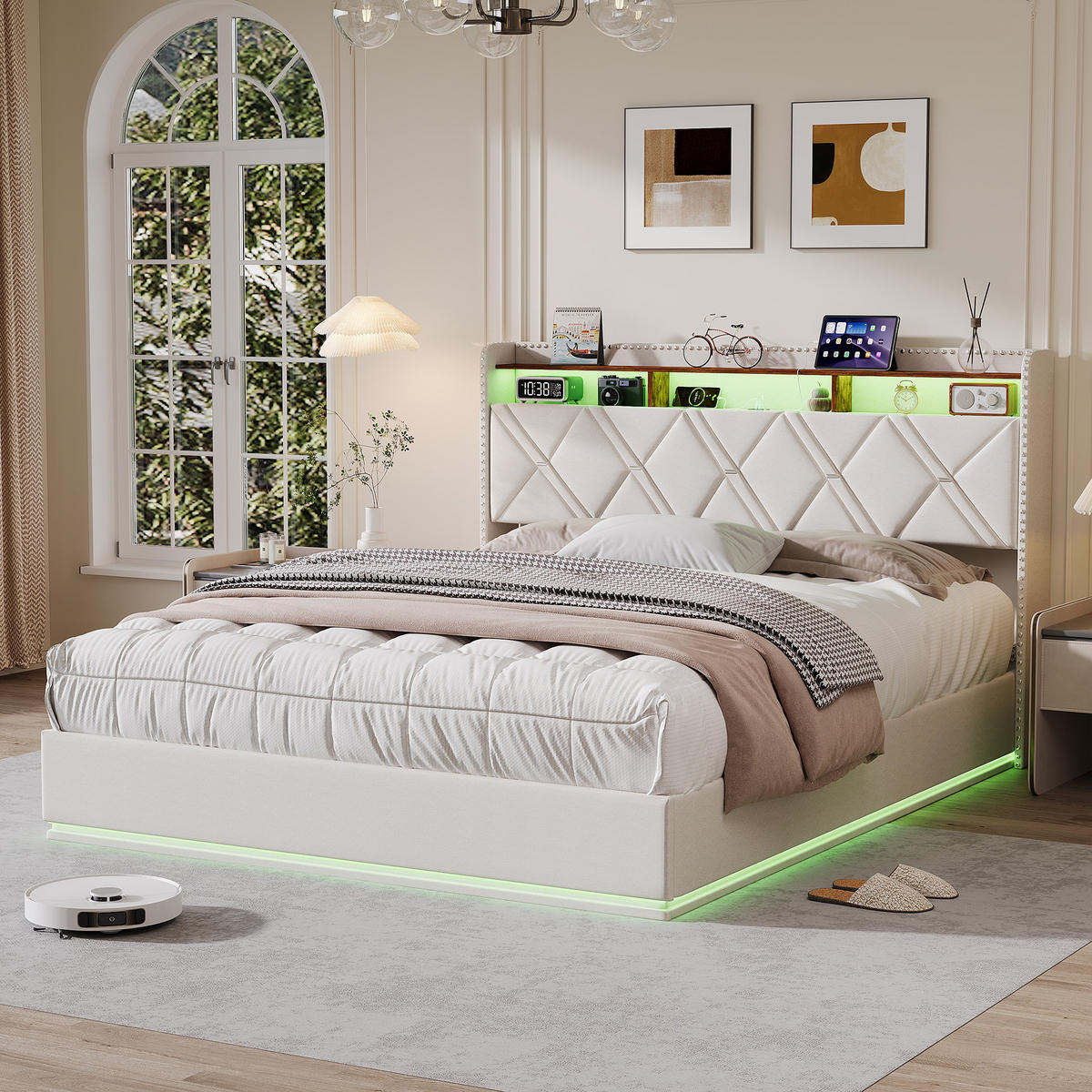 POLSTERBETT 140/200 cm, in Beige Leinenstoff, Doppelbett, Hydraulischer Stauraum, led Kopfteil, USB Ladestation - Beige, Metall (140/200cm) - BPKADHY