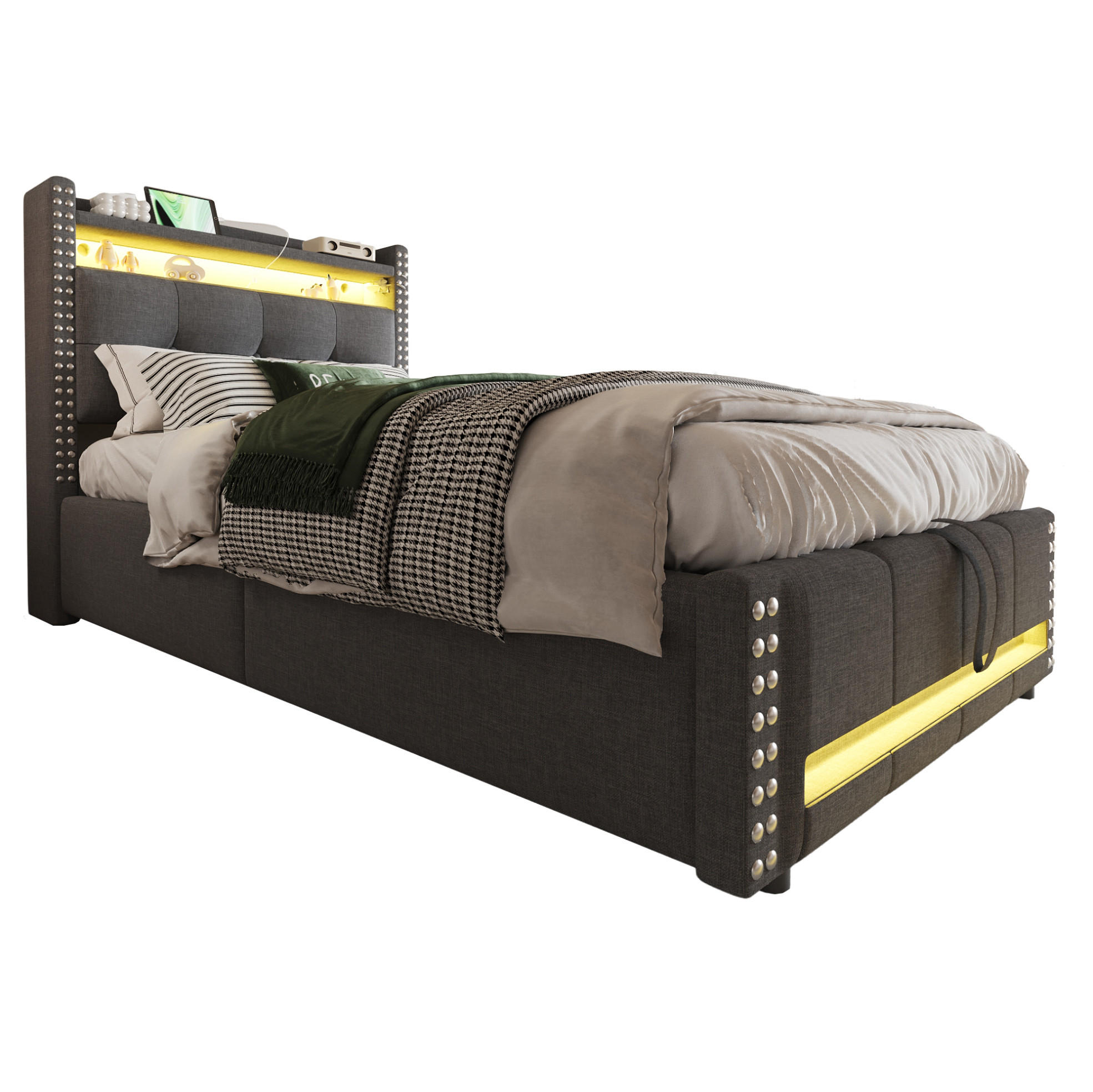 POLSTERBETT 90/200 cm mit LED-Beleuchtung und Bettkasten in Grau - Grau, Textil (90/200cm) - BEAOK