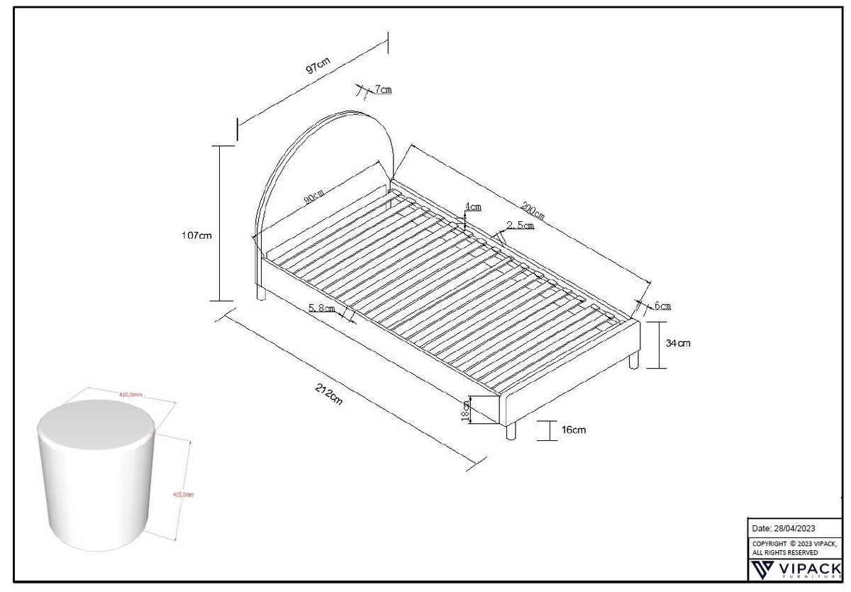 POLSTERBETT mit Hocker Karlotta 97x107x212 aus Holzwerkstoff in Rosa - Rosa, Holzwerkstoff (90/200cm) - 58aufmkessel