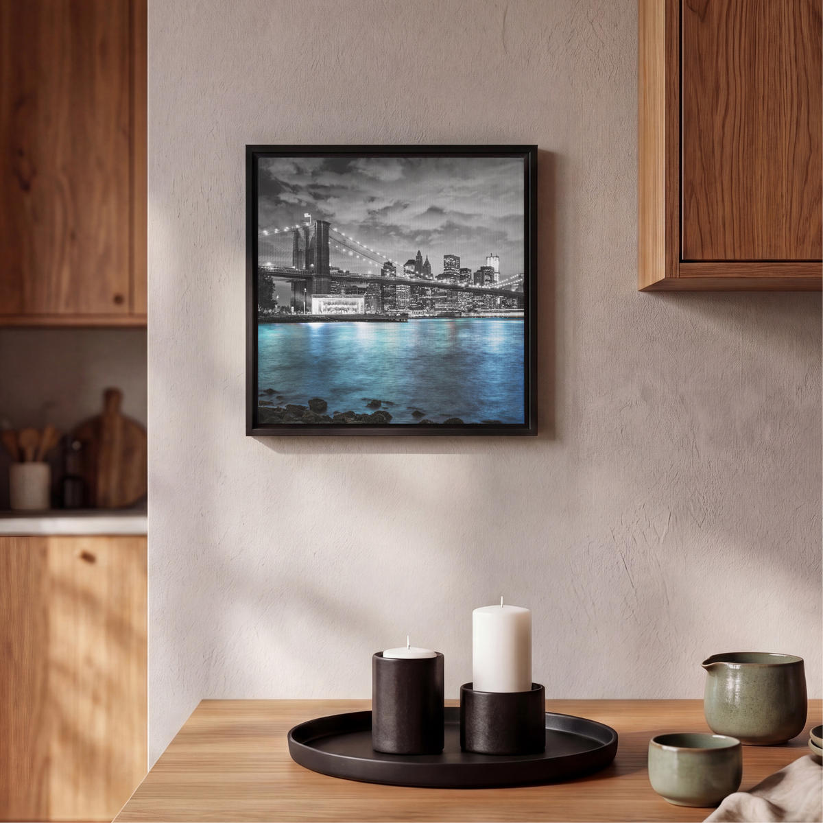 LEINWAND Bilder mit Rahmen - New York - Skyline - Stadt - Blau - 20x20 - Blaugrau, Textil (20/20cm) - MuchoWow