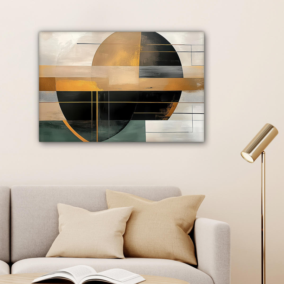 LEINWANDBILD - Abstrakt - Gold - Bronze - Grün - Formen - Modern - 90x60 - Deko Wohnzimmer - Multicolor, Textil (90/60cm) - MuchoWow