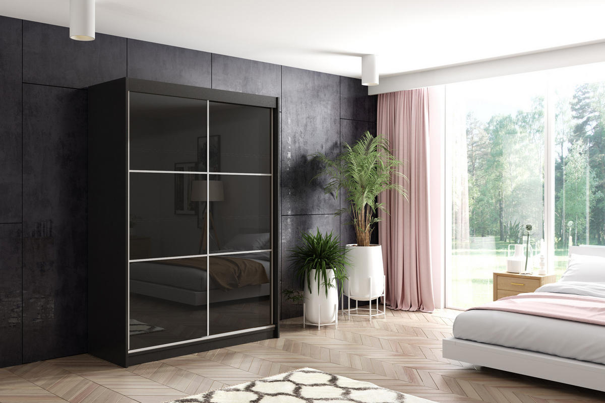 KLEIDERSCHRANK mit Lacobel-Schiebetüren und Aluminium-Leisten - VIVONA - 120 cm Schwarz - Schwarz, Holzwerkstoff (120/216/61cm) - ALTDECOR