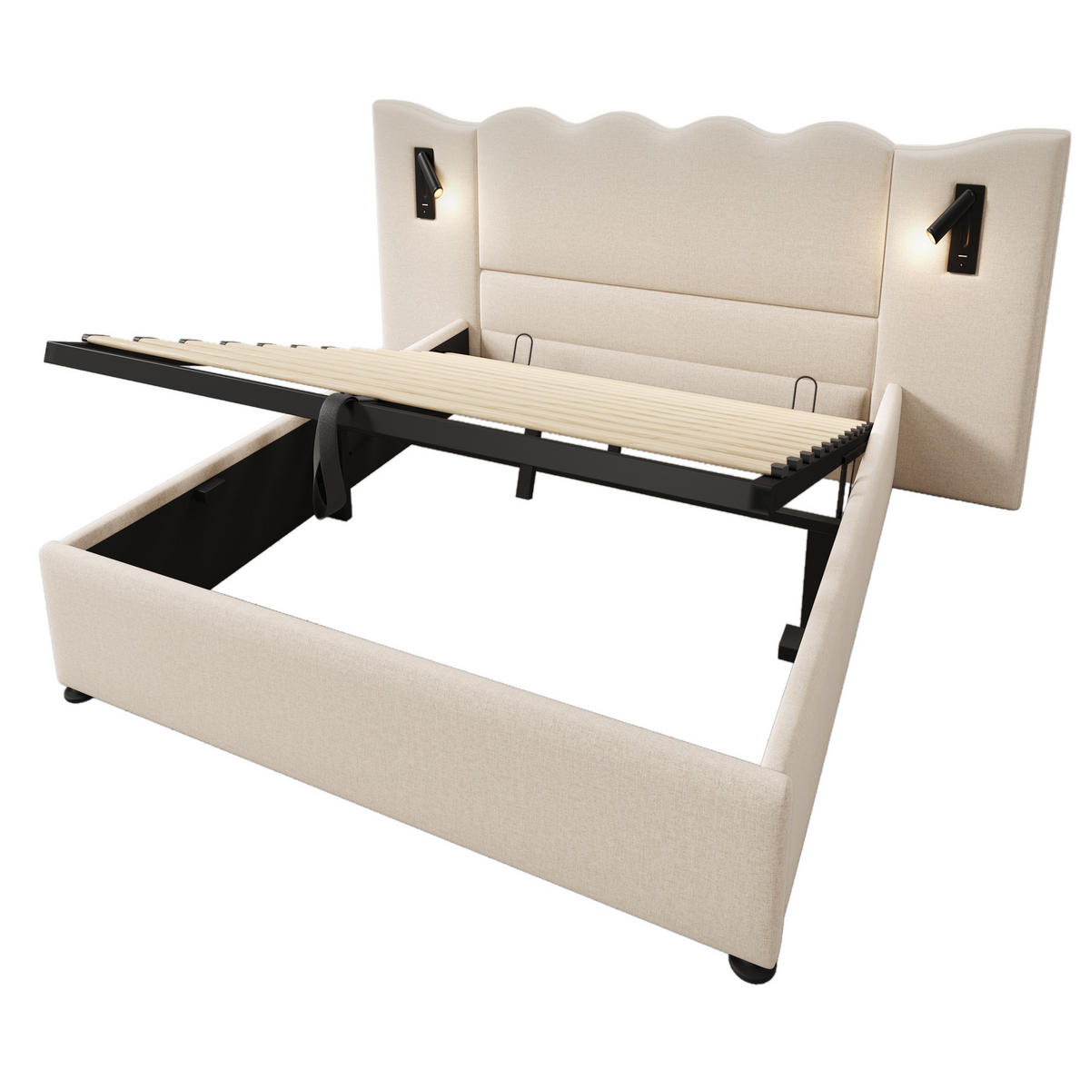 ČALOUNĚNÁ postel 160/200 cm béžová z lnu s LED lampou, USB a úložným prostorem - béžová, textil (160/200cm) - OKWISH