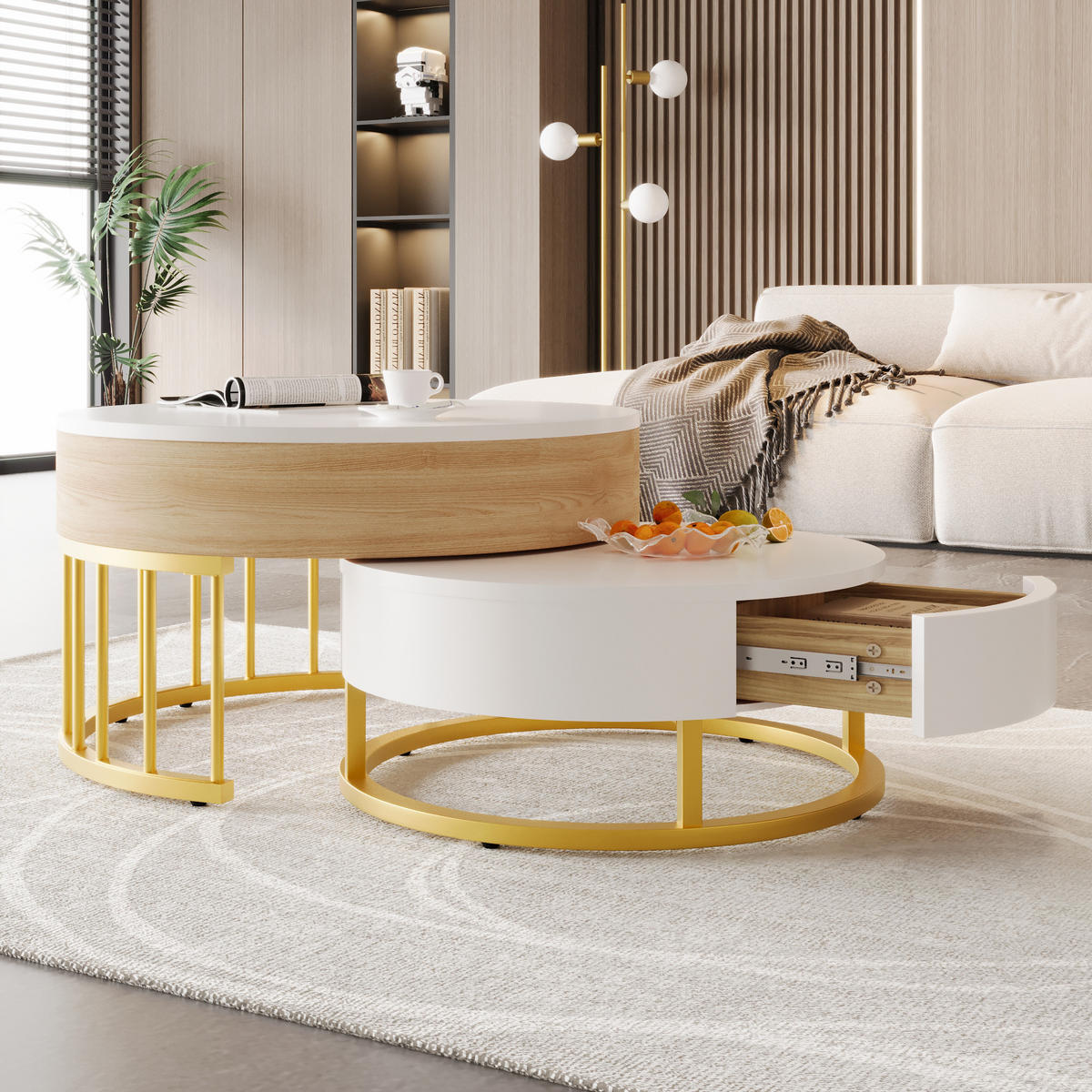 COUCHTISCH rund höhenverstellbar Goldgestell - Weiß, Holz (70/70/56cm) - LEBENLANG