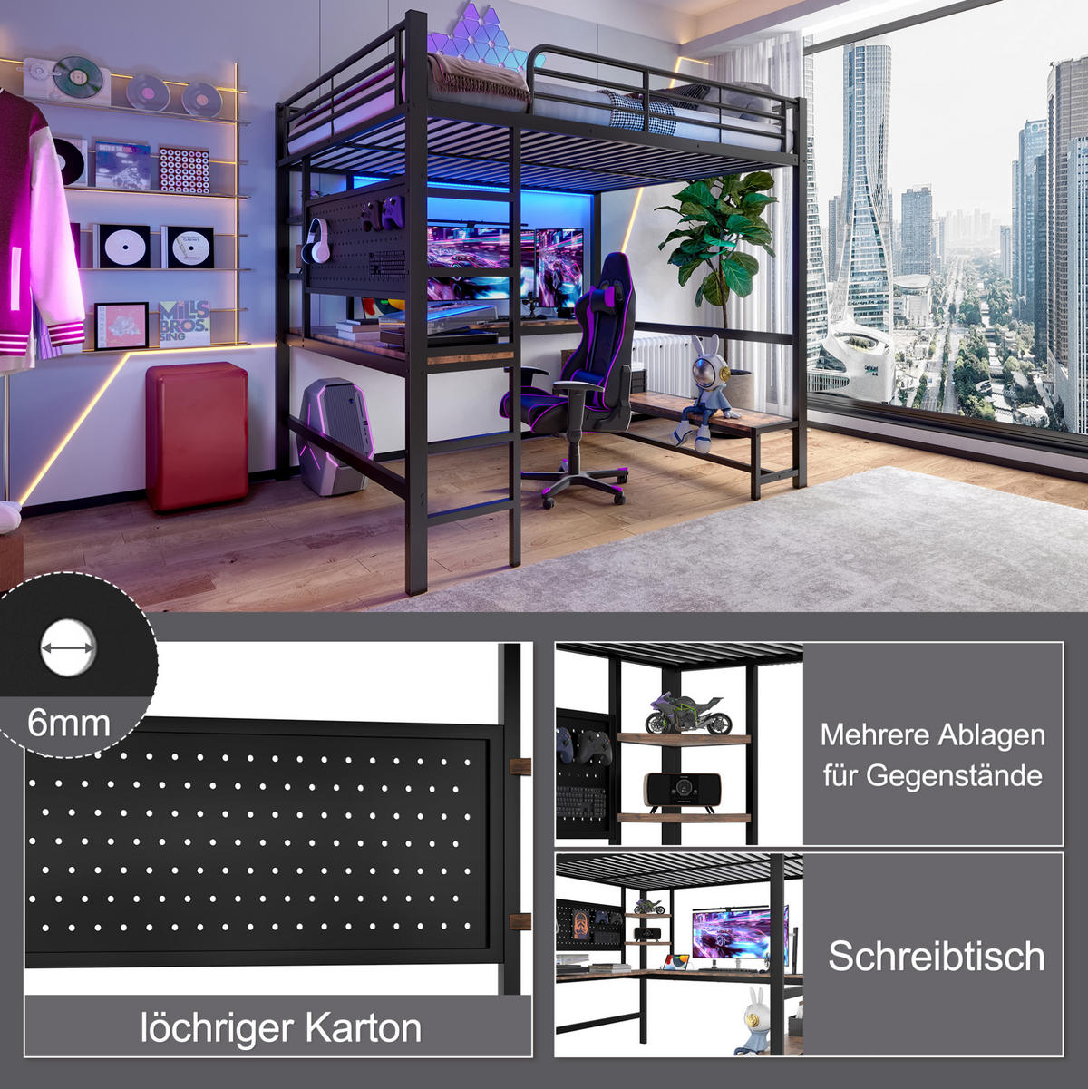 HOCHBETT 140/200 cm aus Metall mit Schreibtisch, LED-Leiste, Schwarz - Schwarz, Metall (140/200cm) - OKMYHOME