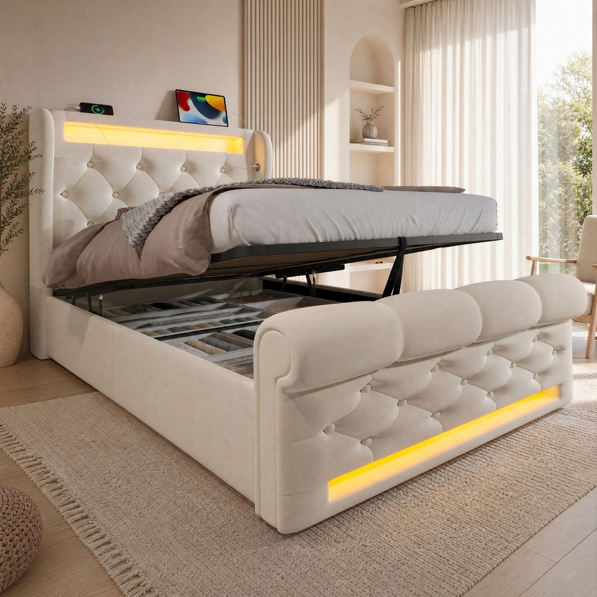 POLSTERBETT 90/200 mit Bettkasten und Kopfteil in Beige - Beige, Holzwerkstoff/Textil (90/200cm) - EVRYAE