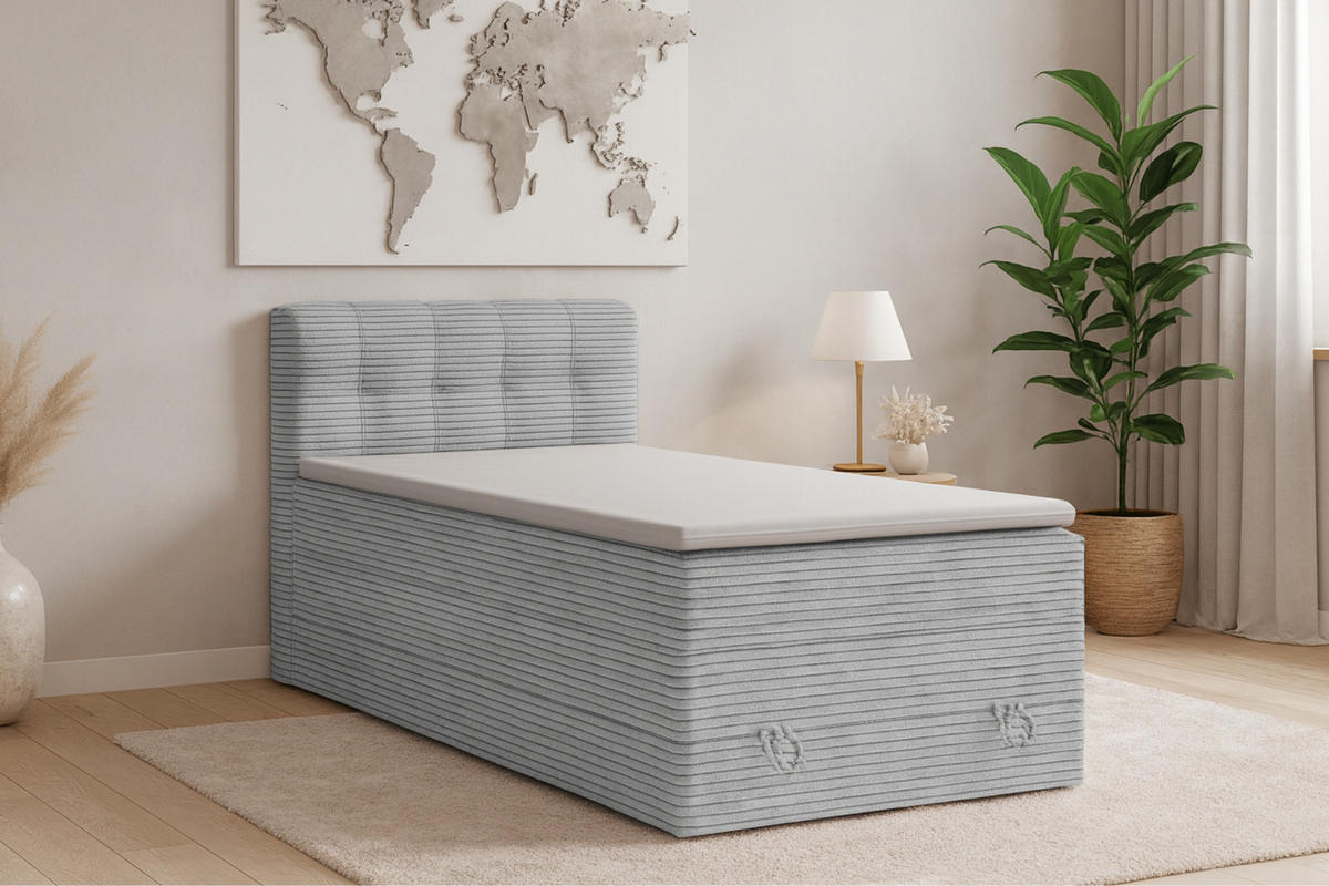 BOXSPRINGBETT JUNG 2 100/200 Cord Hellgrau mit Matratzen H3 + H4 - Hellgrau, Holz/Holzwerkstoff (100/200cm) - Deine Möbel 24