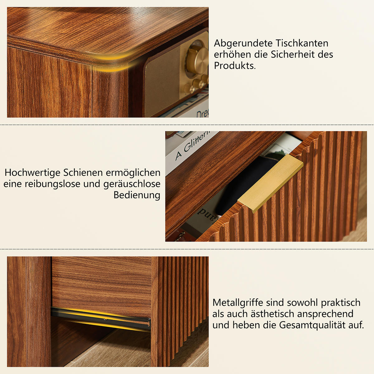 NACHTTISCH aus MDF und Spanplatte 38x58x60 cm Walnussfarben mit Schublade, offenem Fach und Rillendesign - Walnussfarben, Holzwerkstoff (58/60/38cm) - Modfu